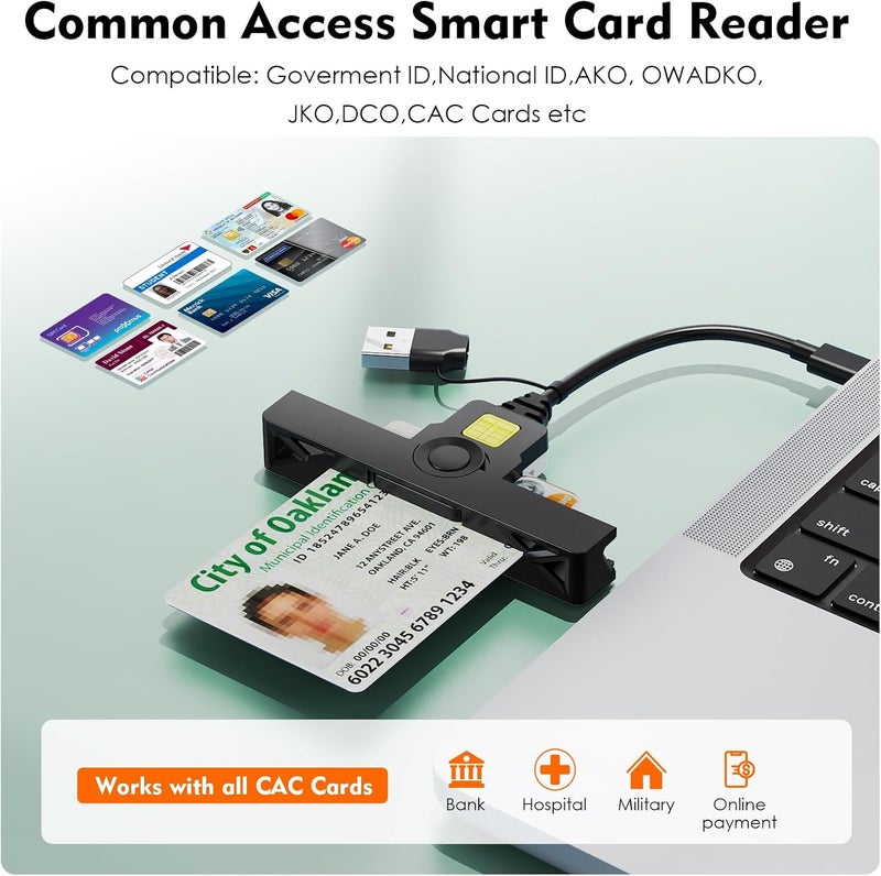 Rocketek CAC Reader 2 in 1 Type C Dual Connector, DOD Military USB Common Access CAC Card Reader Type C USB Smart Card Reader Compatible with Windows, Mac OS Mini Fold Plug and Play Black - Image 2